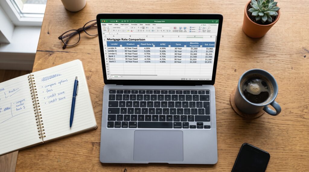 Overhead desk shot with mortgage comparison spreadsheet