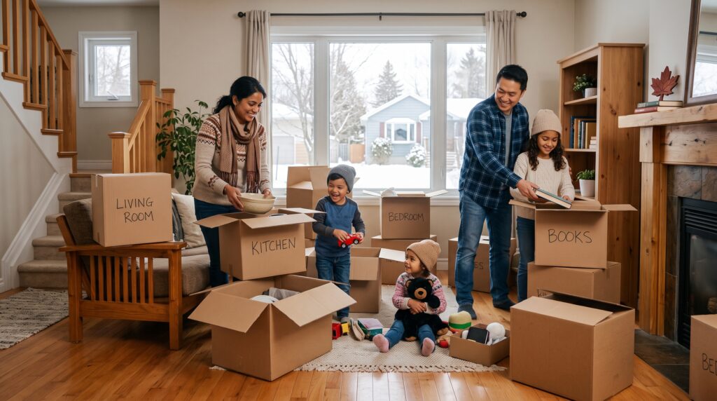 Young Canadian couple unpacking boxes in front of a new home, sunny day, moving day energy